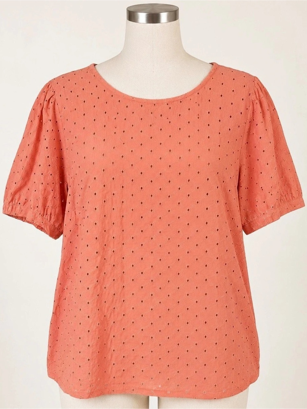 Ava & Viv 2X Coral Eyelet Cotton Puff Sleeve Blouse Plus Size
